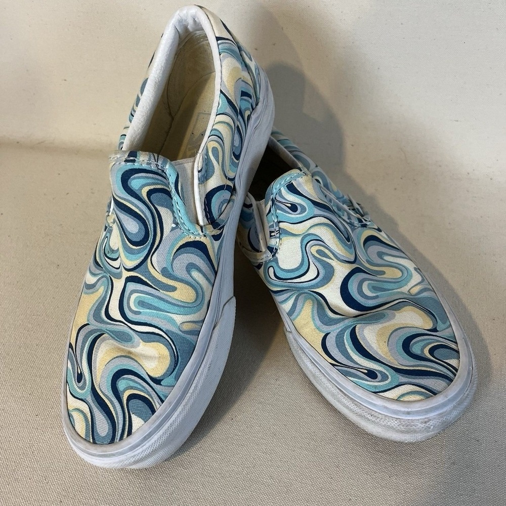 Classic Vans Turquoise Blue And Yellow Swirls Slip Ons‎ Women's 5- Men's 3.5